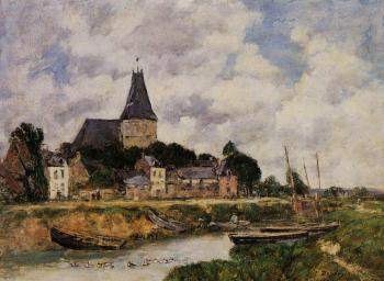 Eugene Boudin : Quillebeuf, View of the Church from the Canal
